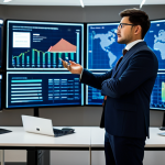 A professional financial analyst, fully clothed in a modest business suit, stands in a sophisticated, modern office. The analyst is interacting with a transparent holographic display showcasing complex financial data visualizations, charts, and real-time risk assessments generated by AI. The background features large digital screens displaying global market trends and a clean, organized workspace. The analyst maintains a natural pose, indicating thoughtful engagement. Perfect anatomy, correct proportions, well-formed hands, proper finger count. Professional photography, high quality, safe for work, appropriate content, fully clothed, professional dress.