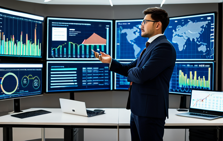 A professional financial analyst, fully clothed in a modest business suit, stands in a sophisticated, modern office. The analyst is interacting with a transparent holographic display showcasing complex financial data visualizations, charts, and real-time risk assessments generated by AI. The background features large digital screens displaying global market trends and a clean, organized workspace. The analyst maintains a natural pose, indicating thoughtful engagement. Perfect anatomy, correct proportions, well-formed hands, proper finger count. Professional photography, high quality, safe for work, appropriate content, fully clothed, professional dress.
