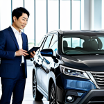 A professional Japanese man in his late 30s, dressed in a crisp, modest business suit, stands confidently in a sleek, modern car dealership. He is looking at a gleaming new compact SUV, holding a digital tablet that displays clear, simple monthly payment figures. His posture is relaxed and natural, conveying a sense of peace of mind. The dealership is brightly lit and minimalist, with another new car subtly blurred in the background. Professional photography, high quality, studio lighting, fully clothed, appropriate attire, professional dress, perfect anatomy, correct proportions, natural pose, well-formed hands, proper finger count, natural body proportions, safe for work, appropriate content, family-friendly.