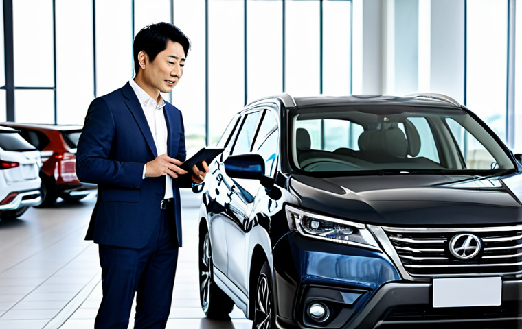 A professional Japanese man in his late 30s, dressed in a crisp, modest business suit, stands confidently in a sleek, modern car dealership. He is looking at a gleaming new compact SUV, holding a digital tablet that displays clear, simple monthly payment figures. His posture is relaxed and natural, conveying a sense of peace of mind. The dealership is brightly lit and minimalist, with another new car subtly blurred in the background. Professional photography, high quality, studio lighting, fully clothed, appropriate attire, professional dress, perfect anatomy, correct proportions, natural pose, well-formed hands, proper finger count, natural body proportions, safe for work, appropriate content, family-friendly.
