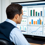 A professional male business analyst in a modest business suit, sitting attentively at a clean desk in a modern, well-lit office. He is focused on a large monitor displaying detailed financial charts and projections related to interest rates, with subtle graphical representations of "annual interest" and "effective annual interest" data. His hands are resting naturally on the desk, conveying a sense of deep concentration on financial understanding. The background shows a soft-focus, contemporary office environment. safe for work, appropriate content, fully clothed, professional dress, perfect anatomy, correct proportions, natural pose, well-formed hands, proper finger count, natural body proportions, high-quality, professional photography.