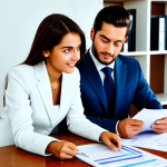 Comparing Loan Options**

"A young couple, fully clothed in professional attire, sitting at a table reviewing loan documents and a comparison chart of interest rates. The scene is a bright, modern living room. Safe for work, appropriate content, family-friendly. Perfect anatomy, correct proportions, natural pose, well-formed hands, proper finger count, natural body proportions, high quality."

**