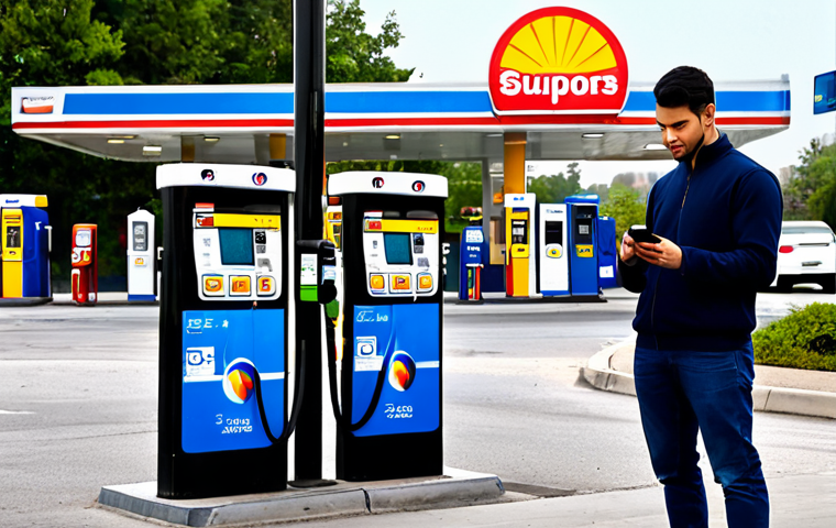 리스 차량 연료비 절약 - Tire Pressure Check**

"A person checking the tire pressure of a car at a gas station, fully clothed...