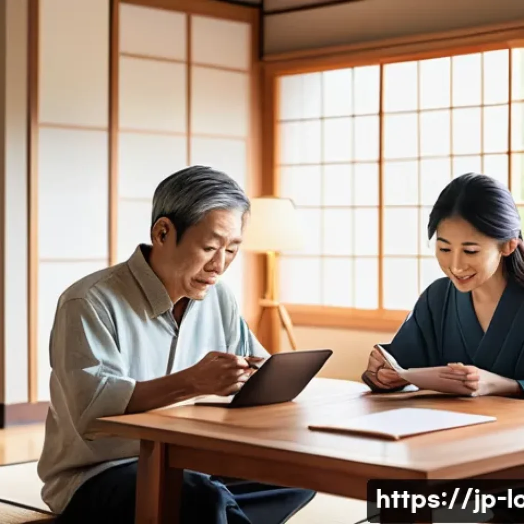 대출 상환 계획 세우기 - A modern Japanese family sitting around a dining table in a bright, cozy living room, reviewing a de...