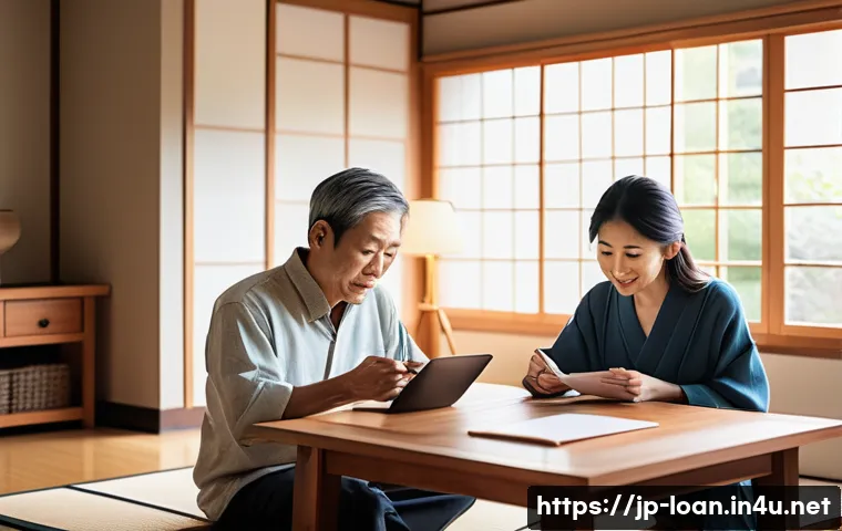 대출 상환 계획 세우기 - A modern Japanese family sitting around a dining table in a bright, cozy living room, reviewing a de...