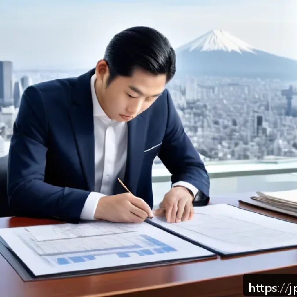 리스와 대출의 차이 - A modern Japanese office scene showing a business professional carefully reviewing lease and loan co...