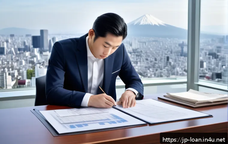 리스와 대출의 차이 - A modern Japanese office scene showing a business professional carefully reviewing lease and loan co...