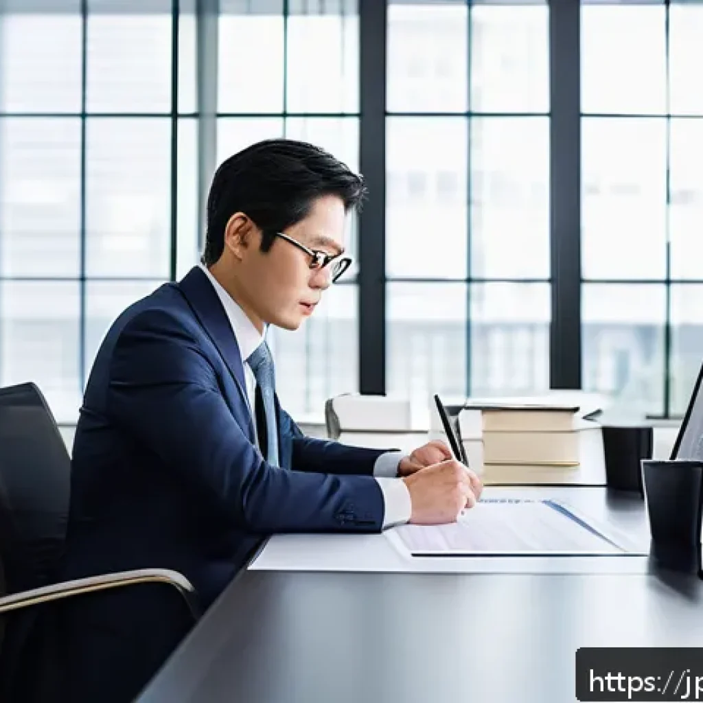 사업자 등록 후 대출 혜택 - A modern Japanese entrepreneur sitting confidently in a sleek office space, surrounded by digital de...