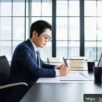 사업자 등록 후 대출 혜택 - A modern Japanese entrepreneur sitting confidently in a sleek office space, surrounded by digital de...