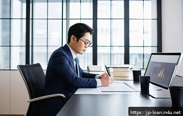 사업자 등록 후 대출 혜택 - A modern Japanese entrepreneur sitting confidently in a sleek office space, surrounded by digital de...