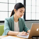 학자금 대출 상환 방법 - A modern Japanese home office scene with a young Japanese woman in casual business attire sitting at...