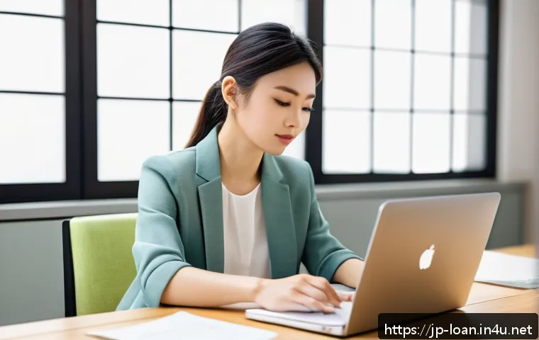 학자금 대출 상환 방법 - A modern Japanese home office scene with a young Japanese woman in casual business attire sitting at...