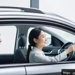자동차 리스 잔가 보증 - A professional Japanese car leasing office scene, with a modern interior featuring sleek desks and d...