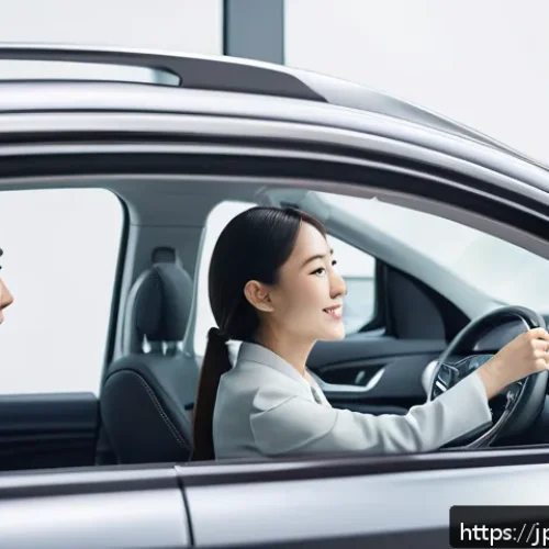 자동차 리스 잔가 보증 - A professional Japanese car leasing office scene, with a modern interior featuring sleek desks and d...