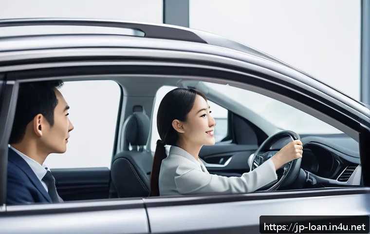 자동차 리스 잔가 보증 - A professional Japanese car leasing office scene, with a modern interior featuring sleek desks and d...