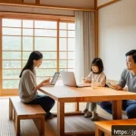 소액 대출 연체 대처법 - A modern Japanese family sitting at a sleek dining table in a bright, minimalist living room, review...