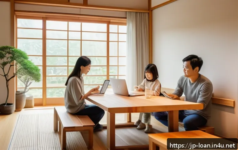 소액 대출 연체 대처법 - A modern Japanese family sitting at a sleek dining table in a bright, minimalist living room, review...