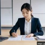 캐피탈 대출 상환 연장 - A modern Japanese office scene showing a young professional woman carefully organizing important loa...