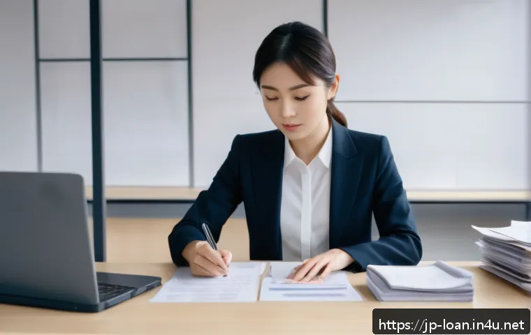 캐피탈 대출 상환 연장 - A modern Japanese office scene showing a young professional woman carefully organizing important loa...