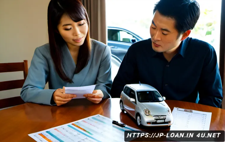 리스 차량 유지비 계산 - Photorealistic Japanese couple at a clean dining table reviewing car lease maintenance costs, a gene...