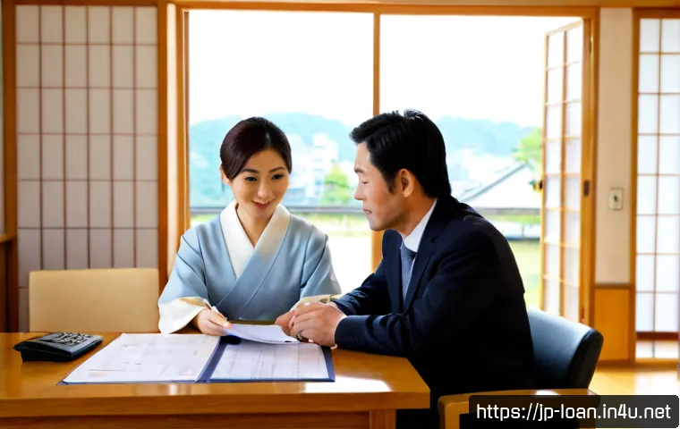 대출 담보로 필요한 서류 - Photorealistic Japanese mortgage loan consultation scene, a neatly dressed middle-aged couple seated...